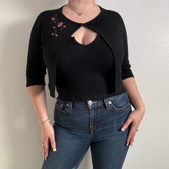 Laundry By Shelli Segal Sweaters - Vintage 90s Black Cashmere Wool Silk Beaded Floral Quarter Sleeve Cropped Shrug